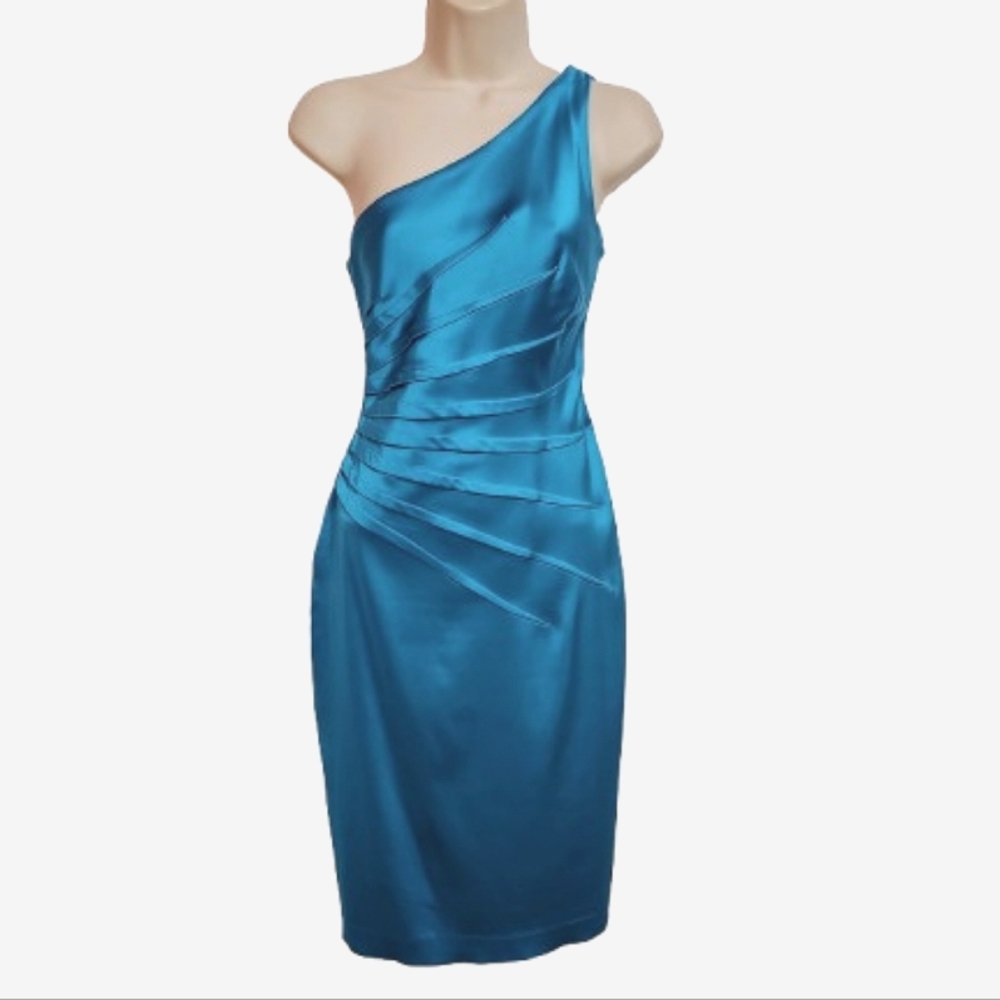 Cache One-Shoulder Teal Satin Cocktail Dress